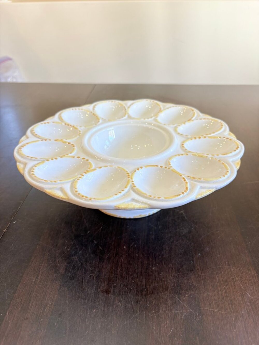 Vintage Italy Ceramic Deviled Egg Pedestal Platter 12 Egg Gold Trim